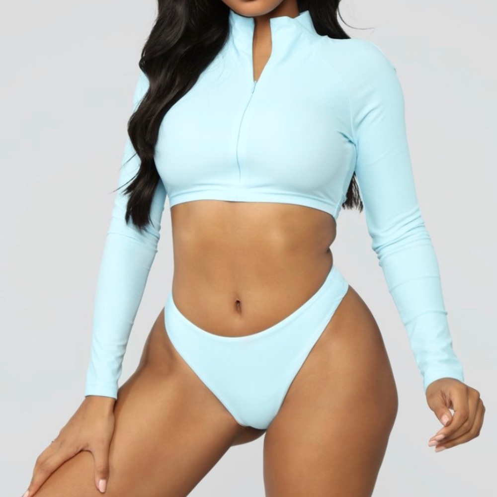 FashionNova Surf With Me Long Sleeve Bikini - Blue
